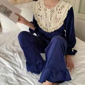 Kadın Uyku Salonu Sonbahar Kış Kadın Mavi Kadife Pijama Setleri.Vintage Ladies Style Nakış Dantel Pijama Seti.