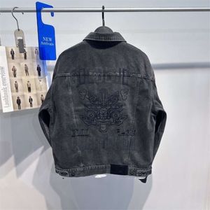 Bird Family Element Men's 2023 Autumn New Denim Jacket Fashion Cartoon Embroidery Dark Grey Coat Trendy Brand