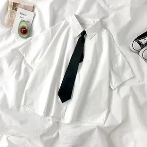 Blusas femininas Camisas Brancas Mulheres Moda Gravata Preta Estilo Japão Estudantes Preppy JK Meninas Blusa Simples Sólida Solta Verão Botão Up Tops