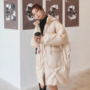 Mulheres Trench Coats Mulheres Parkas Moda Elegante Arco Coreano Com Capuz Solto Mid-Longo Inverno Organza Algodão Acolchoado Jaqueta Feminino Grosso Preto