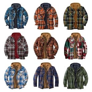 Herrjackor flanell skjorta jacka med avtagbar huva rutig quiltad fodrad utomhus vinter rockar tjock hoodie outwear man fleece skjortor 231116