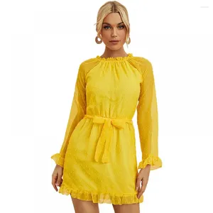 Casual Dresses Chiffon Party Yellow Mini Women Elegant Ruffle White Dress Sexig långärmad bollklänning Kvinnliga kläder