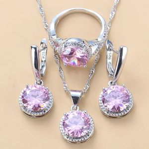 Wedding Jewelry Sets 10Colors Bridal Dress 925 Mark Sweet Princess Round Pink Zircon 3 Piece Set Fashion Women Accessories 231116