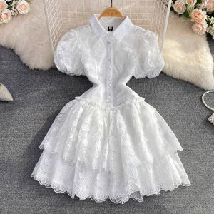 2023 Summer Retro Style Super Immortal Dress with Polo Collar Single Breasted White Brodered Bubble Sleeves A-Line Cake Dress