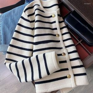 Women's Knits Retro Spring Black White Striped Knitted Cardigan Women Sueter Long Sleeve Sweater Mujer Red Cropped Coat Casual