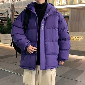 メンズダウンパーカー紫色のインフレータブルジャケット冬の厚くて温かいストリート衣類コットンエプロンフードと公園にゆるいフィット感231116