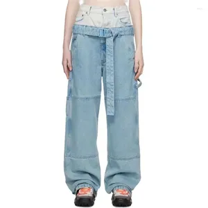 Women's Jeans Pants 2023 Autumn Korean Fashion Pure Cotton Vintage Wash Contrast Panel High Waist Wide Leg Y2k
