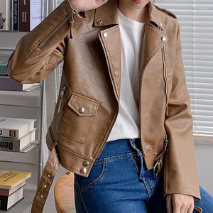 Women's Leather Spring Autumn Snake Print Coffee Color Faux PU Jacket Lapel Long Sleeve Short Motorcycle Biker Female Streetwear