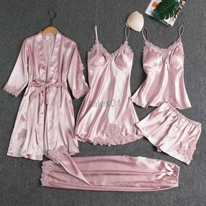 Женский пижамный комплект для сна, женская атласная пижама с кружевной отделкой, летняя пижама с брюками, повседневная домашняя одежда, кимоно, халат, платье zln231116