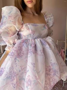 Robes décontractées Tutu Mini Princesse Robe Puff Sleeve Femmes Été Floral Print Court Square Encolure Sexy Party Night Soirée Robe de bal