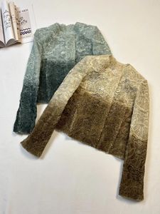 Jaquetas femininas 2023 outono/inverno gradiente bordado renda fivela em torno do pescoço solto manga longa casaco feminino cardigan jaqueta