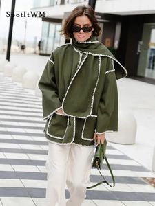 Jaquetas femininas outono elegante casaco de retalhos com cachecol para mulheres moda lapela manga comprida bolso casacos inverno senhora outwear jaqueta 231116