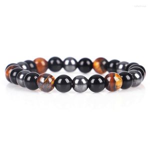 Charm Bracelets Handmade Tiger Eye & Hematite Black Obsidian Stone Bead Bracelet Men Round Chain Beads For Wom Pulseras