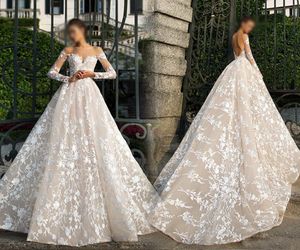 Champagne A-line Women Wedding Dress 2024 Sheer Neck Long Sleeves 3D Flowers Lace Appliques Tulle Bridal Bride Gown Open Back Vestidos De Noiva Robe De Mariage