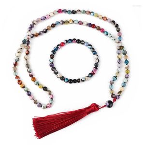 Necklace Earrings Set High Quality Agates Stone Knotted Tassel 108 Japamala Mala Beaded Meditation Bracelet Jewelry Rosary For Women Men