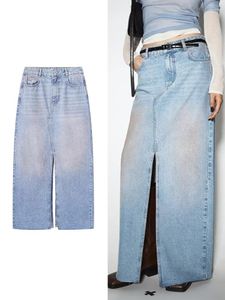 Röcke Blau Denim Rock Frau Jean Lange Für Frauen Mode 2023 Verblasst Hohe Taille Bleistift Ausgefranste Midi mit Split