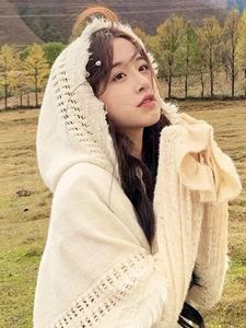 Halsdukar Böhmen Tassel Solid Color Thread Knit Autumn Winter Women Hooded Scarf Thicked Warm Defend Wind Travel Cloak Long Shawl