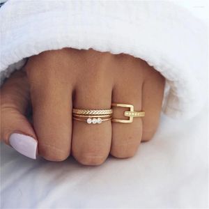 Cluster Rings Vintage Trendy Personality Crystal Geometric Metal Rope Set Ring For Women Fashion Gold Plated Artificial Pearl Jewelry Gift