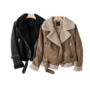 Jaquetas femininas inverno grosso parka quente camurça cordeiro pele lã jaqueta mulheres falso shearling jaquetas de couro outwear curto motocicleta motociclista casaco 231116