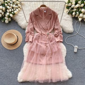 French Retro Romantic Atmosphere Dress Autumn Mesh Suit Splicing Design High Grade Fairy Women's Dress