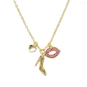 Catene Gioielli da donna alla moda Colore oro CZ Scarpe col tacco alto Labbro rosso Collana a catena con ciondolo a cuore adorabile e carino