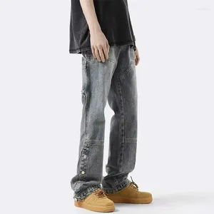 Herr jeans mode mager män high street streetwear nisch denim byxor för knapp design retro lös rak låg stigning