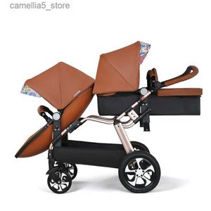 Strollers# 2023 New Twin baby strollers Eggshel Double baby strollers Luxury leather baby carriage portable Folding Double Newborn Pram Q231116