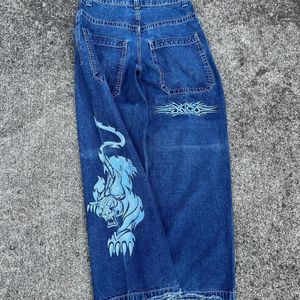 Jeans masculinos JNCO retro high street hip hop punk cintura média lavada jeans branco tigre impressão solta jeans casual calças largas para homens e mulheres 231116