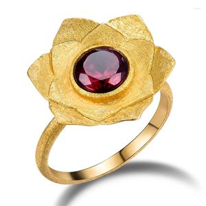 Cluster Anéis Lotus Fun Real 925 Sterling Silver Natural Garnet Criativo Handmade Designer Fine Jewelry Pure Ring Feminino Bijoux