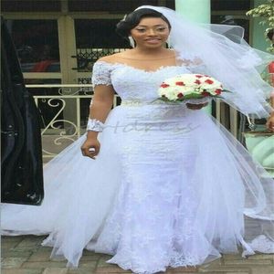 Luxury Plus Size Nigeria African Wedding Dress With Overskirt Train Long Sleeve Lace White Country Garden Bridal Gowns Beaded Princess Laceful Mermaid Bride Dress