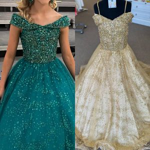 Gold Girl Pageant Dress 2024 Beads Glitter Tulle Little Kid Birthday Formal Cocktail Party Gown Spädbarn Toddler Teen Tiny Junior Miss Mini Quince Off-Shoulder Emerald