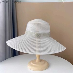 ワイドブリム帽子バケットハットフレンチスタイル大きなワイドブリム夏帽子ラインストーンバンドStr Sun Hat Dome Flappy Plain Derby Garden Travel Beach Hats Packable YQ231116