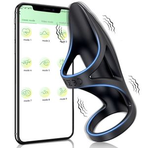 Wibratory aplikacja Bluetooth wibrujący pierścień pierścień penisa Pierścień Wibrator Opóźnienie wytrysku Seksowe zabawki dla mężczyzn Para penisring Calkring Dick Sleeve 231116