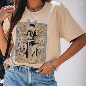 Koszulki kobiet dzikie West Cowboy Club hipis boho graficzne tee kobiety vintage Western rodeo T-shirts Cowgirl Short Rleeve Tshirt Retro Top