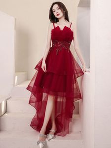 Elegant Korean Hi-Lo Red Tulle Beaded Prom Dresses With Ruffles A-Line Pleats Asymmetrical Formal Party Evening Homecoming Dress Robes de Soiree for Women
