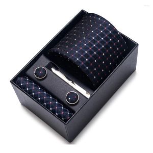 Bow Ties Factory Sale Classic 65 Färger Silk Tie Handkakor Cufflink Set Nathtie Box Man Dark Blue Striped Wedding Accessories Office