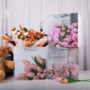 Gift Wrap 28x28x28cm Mother's Day Flower Boxy Box Printed Tulip Carnation Bags Square Large White Cardboard Bouquet Rope Handle Bag