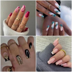 24 pçs imprensa em unhas curtas médias quadradas unhas falsas cobertura completa vara em unhas falsas francesas para mulheres meninas ll