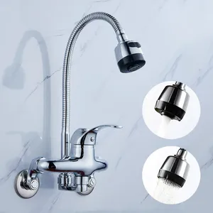 Kitchen Faucets Wall Mounted Faucet 360 Degree Swivel Flexible Hose Double Hole Pull Down Sink Spray Cold Water Mixer