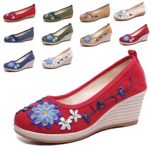 Sapatos de vestido feitos à mão bordado primavera vintage mulheres bombas chinês deslizamento em linho natural inclinação salto retro pano lona macia