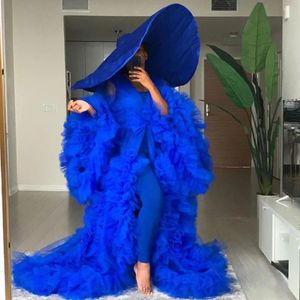 Grundläggande avslappnade klänningar Royal Blue Puffy Tulle långa ärmar Sheer se genom kvinnors moderskapsklänning plus storlek för p ografi 231116