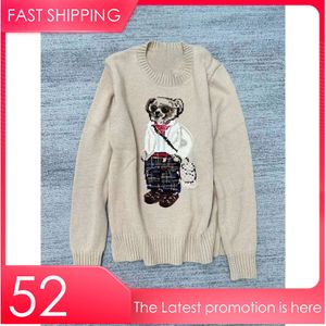 Herrtröjor 2023 Ny tecknad RL Bear Women Autumn Winter Embroidery Pullover Långärmad stickad tröja Bomullsull C222