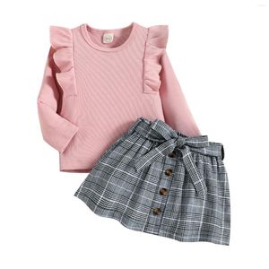 Zestawy odzieży 2-częściowe niemowlę dzieci dziecięce dziewczyny wiosenne jesienne stroje stały kolor żebrowany T-shirt z długim rękawem