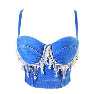 Tanques femininos sexy azul denim bustier alça removível push-up curto espartilho confortável fino ajuste colheita topos