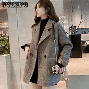 Kvinnors ullblandningar Woolen Suit Coat Women's Korean British Style Loose and Thin Coat Autumn and Winter Casual Single Button Tweed Trench Blazer Top 231116