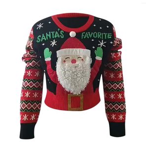 Maglioni da donna Carino Divertente Maglione di Natale Donna Babbo Natale 3D Barba Manica lunga Maglione corto Pullover Nero Rosso Brutto