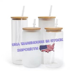 2 dias entrega nos armazém dos EUA 16 onças de sublimação canecas de cerveja de vidro com palha de bambu palha em espaços em branco fosco lixo lata de copo de copo de transferência de calor