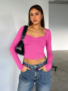 Mulheres Camisetas Moda Rosa Camisetas Outono Skinny Manga Longa Elástica Streetwear Y2K Crop Top Mulheres Roupas