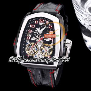 BZF İkiz Turbo Mens Watch JCFM05 İkiz Tourbillon Otomatik DLC Siyah çelik kasa iskelet kadran sayısı işaretleyicileri Siyah Deri Bandı Süper Deri Banda Trustytime001Watches