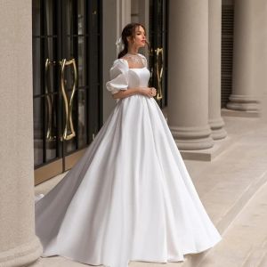 Einfache lange Brautkleider, quadratischer Kragen, Satin, Puffärmel, A-Linie, bodenlang, formelles Anlasskleid